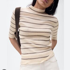 Mango RIB-KNIT SWEATER WITH PERKINS NECK medium brown stripes size M gently used